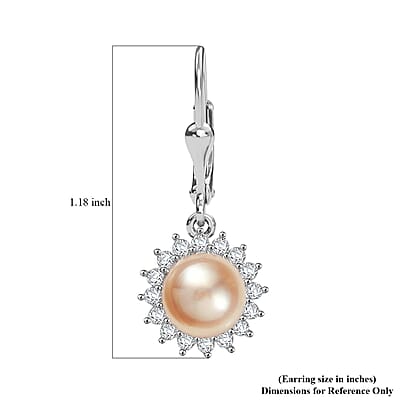 D'Joy Peach Freshwater Pearl and White Zircon 0.30 ctw Sunlit Bloom Earrings in Rhodium Over Sterling Silver