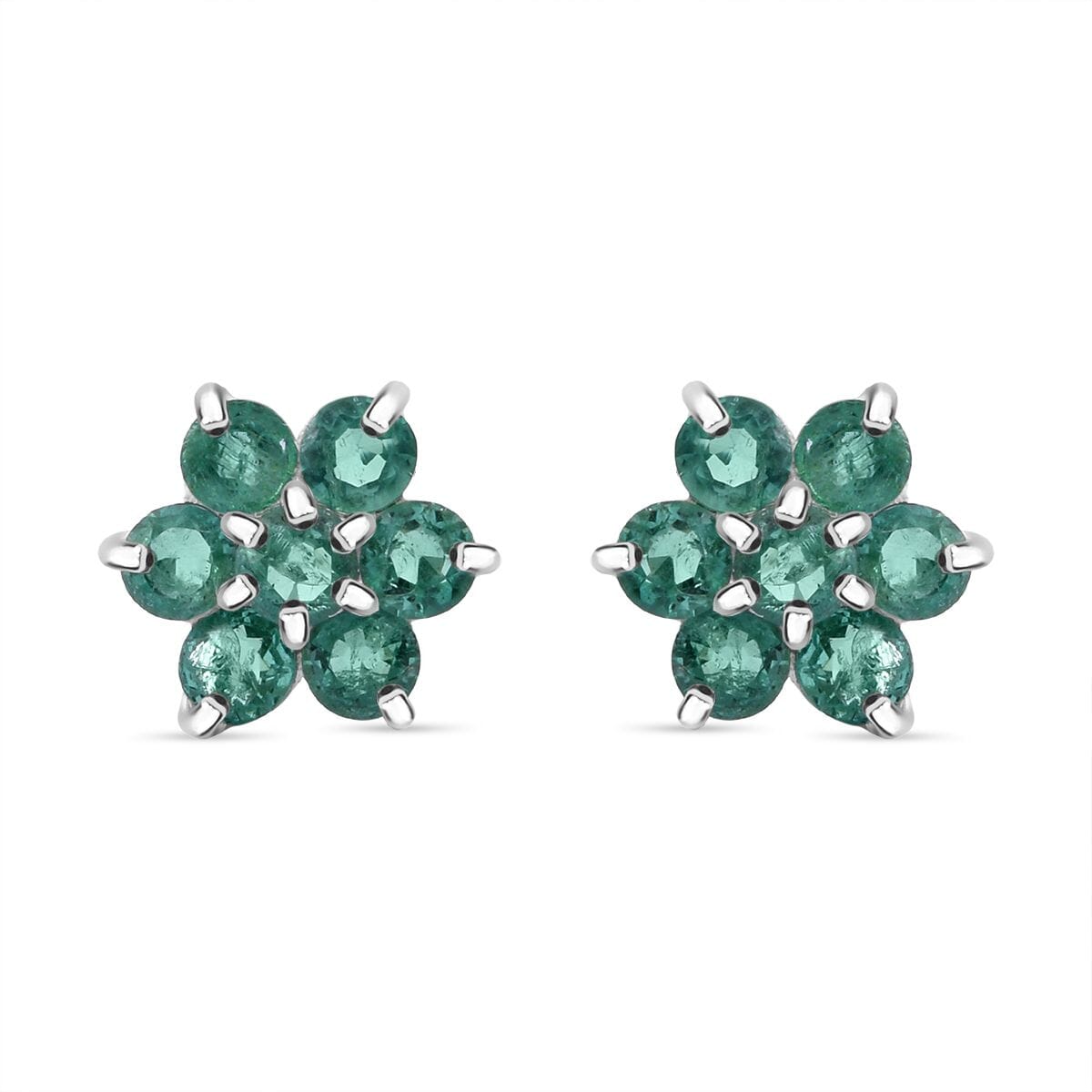 D'Joy AAA Kagem Zambian Emerald 1.00 ctw Floral Stud Earrings in Rhodium Over Sterling Silver  image number 0