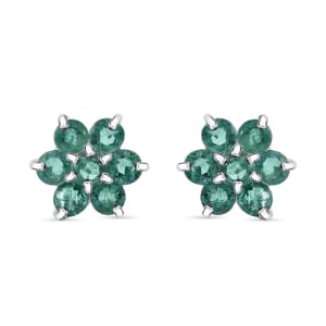 D'Joy AAA Kagem Zambian Emerald 1.00 ctw Floral Stud Earrings in Rhodium Over Sterling Silver 