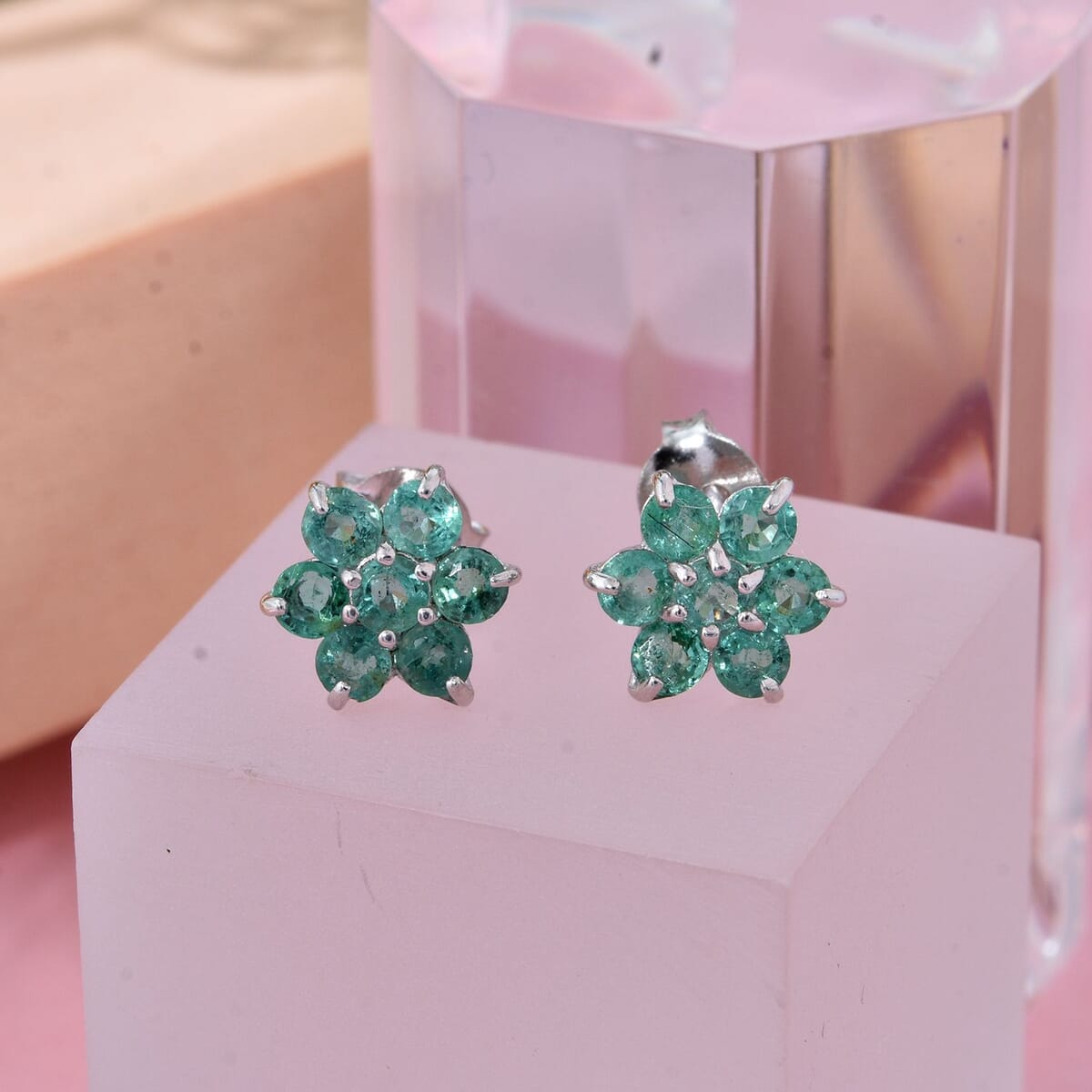 D'Joy AAA Kagem Zambian Emerald 1.00 ctw Floral Stud Earrings in Rhodium Over Sterling Silver  image number 1