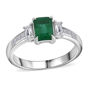 Premium Kagem Zambian Emerald and Moissanite 1.50 ctw Ring in Rhodium Over Sterling Silver (Size 10.0)