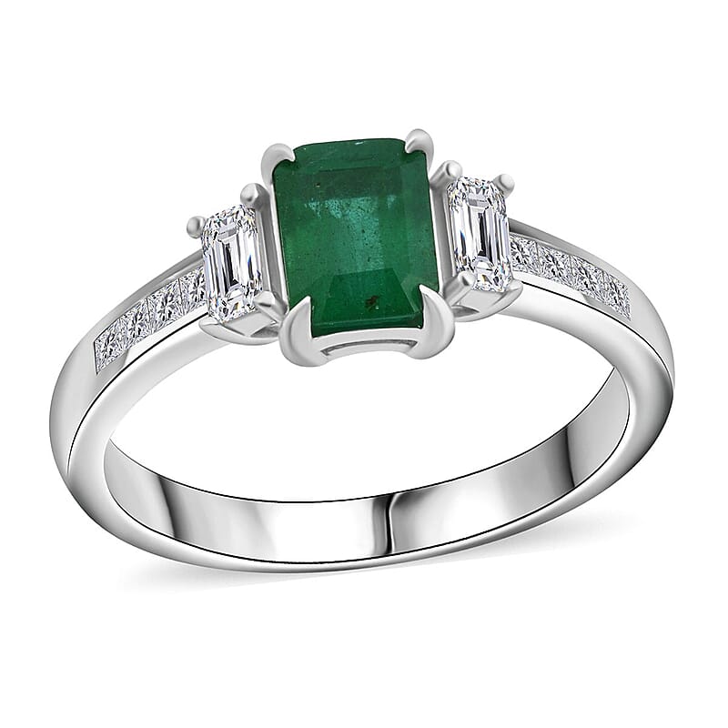 D'Joy Kagem Zambian Emerald, Moissanite Ring in Rhodium Over Sterling Silver 1.50 ctw (Size 10.0)