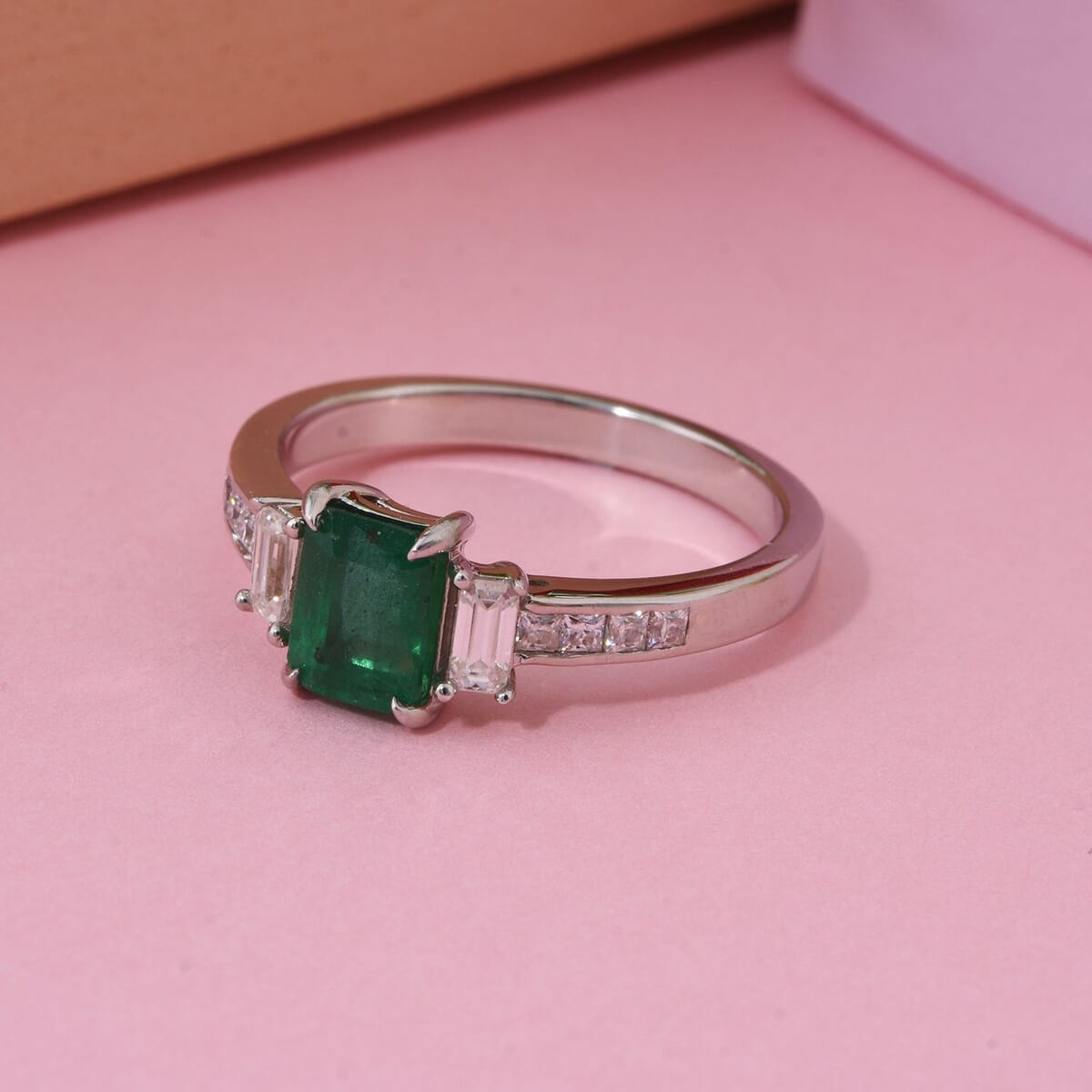 Premium Kagem Zambian Emerald, Moissanite Bridge Ring in Rhodium Over Sterling Silver (Size 10.0) 1.50 ctw image number 1