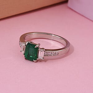 D'Joy Kagem Zambian Emerald, Moissanite Ring in Rhodium Over Sterling Silver 1.50 ctw (Size 10.0)