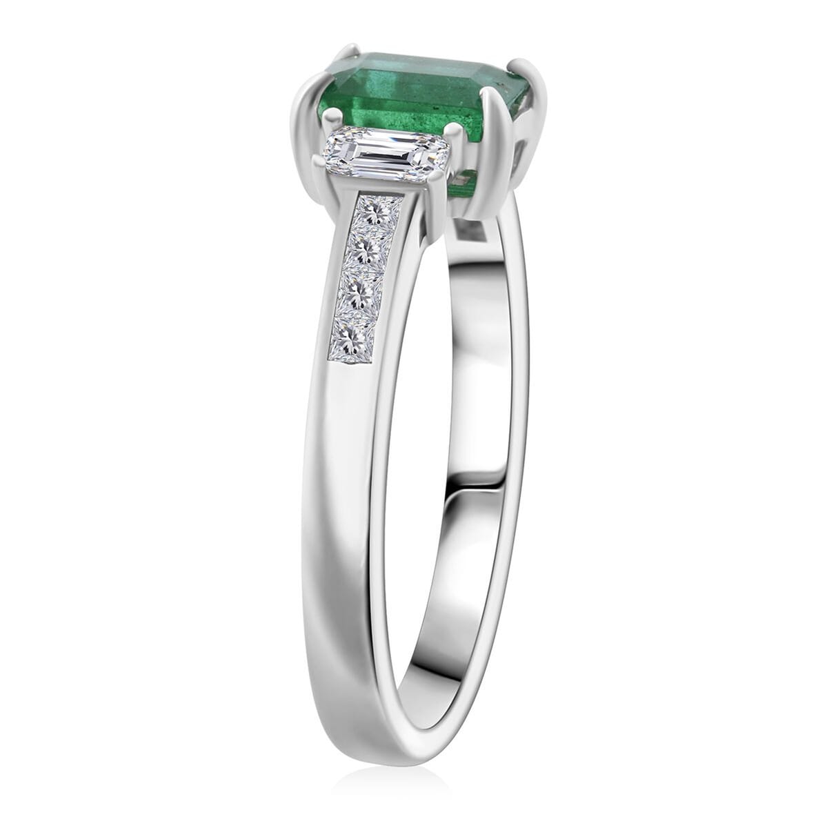 Premium Kagem Zambian Emerald, Moissanite Bridge Ring in Rhodium Over Sterling Silver (Size 10.0) 1.50 ctw image number 3