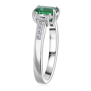 D'Joy Kagem Zambian Emerald, Moissanite Ring in Rhodium Over Sterling Silver 1.50 ctw (Size 10.0)