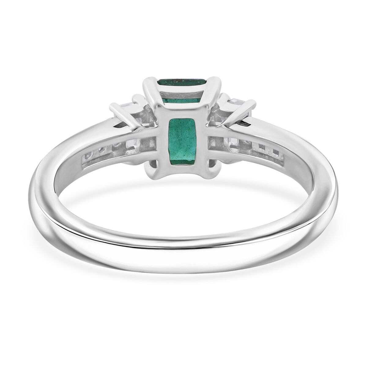 Premium Kagem Zambian Emerald, Moissanite Bridge Ring in Rhodium Over Sterling Silver (Size 10.0) 1.50 ctw image number 4