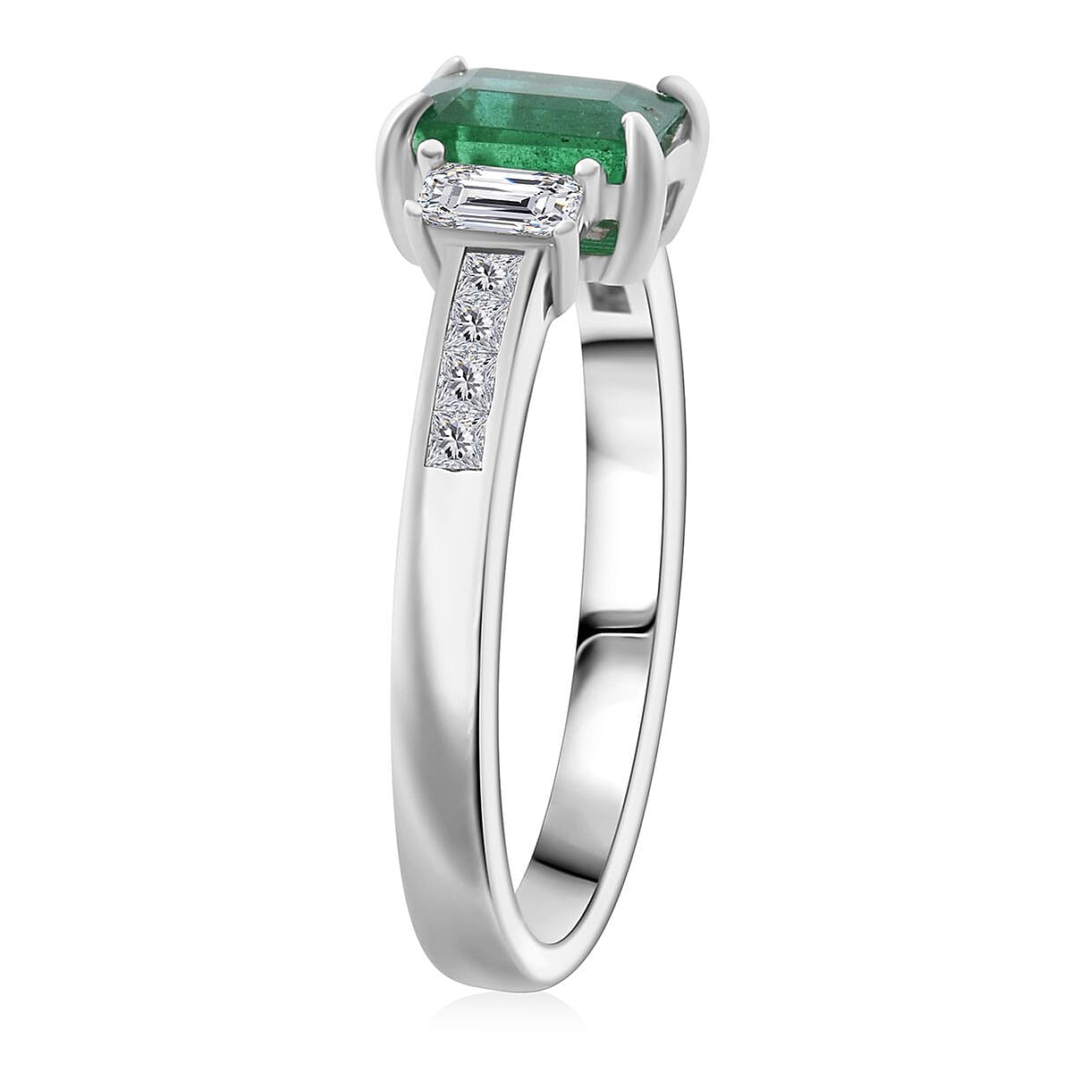 Premium Kagem Zambian Emerald and Moissanite 1.50 ctw Ring in Rhodium Over Sterling Silver (Size 7.0) image number 3