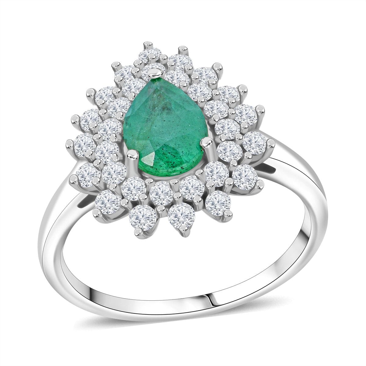 Premium Kagem Zambian Emerald and Moissanite 1.60 ctw Forest Bloom Ring in Rhodium Over Sterling Silver (Size 10.0)  image number 0