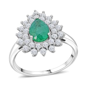 Premium Kagem Zambian Emerald and Moissanite 1.60 ctw Forest Bloom Ring in Rhodium Over Sterling Silver (Size 10.0) 