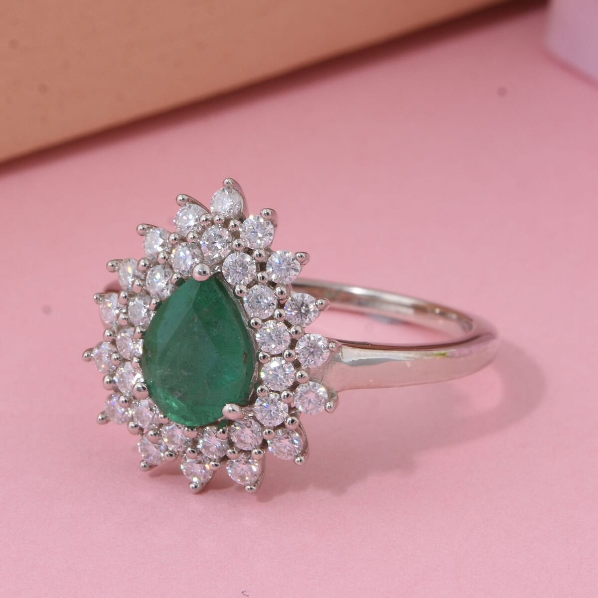 Premium Kagem Zambian Emerald and Moissanite 1.60 ctw Forest Bloom Ring in Rhodium Over Sterling Silver (Size 10.0)  image number 1