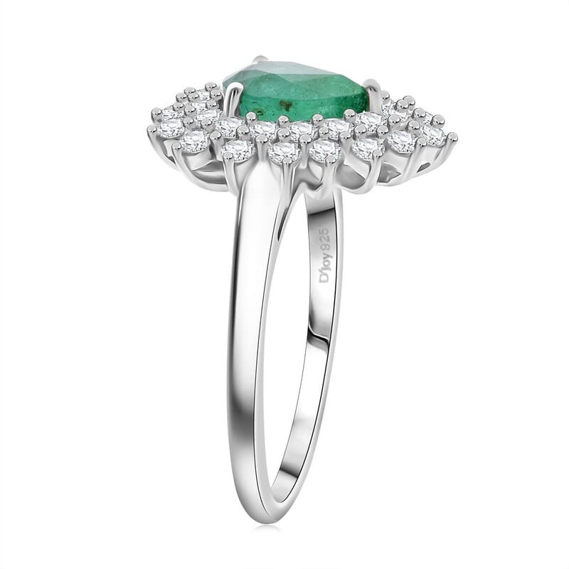 Premium Kagem Zambian Emerald and Moissanite 1.60 ctw Forest Bloom Ring in Rhodium Over Sterling Silver (Size 10.0)