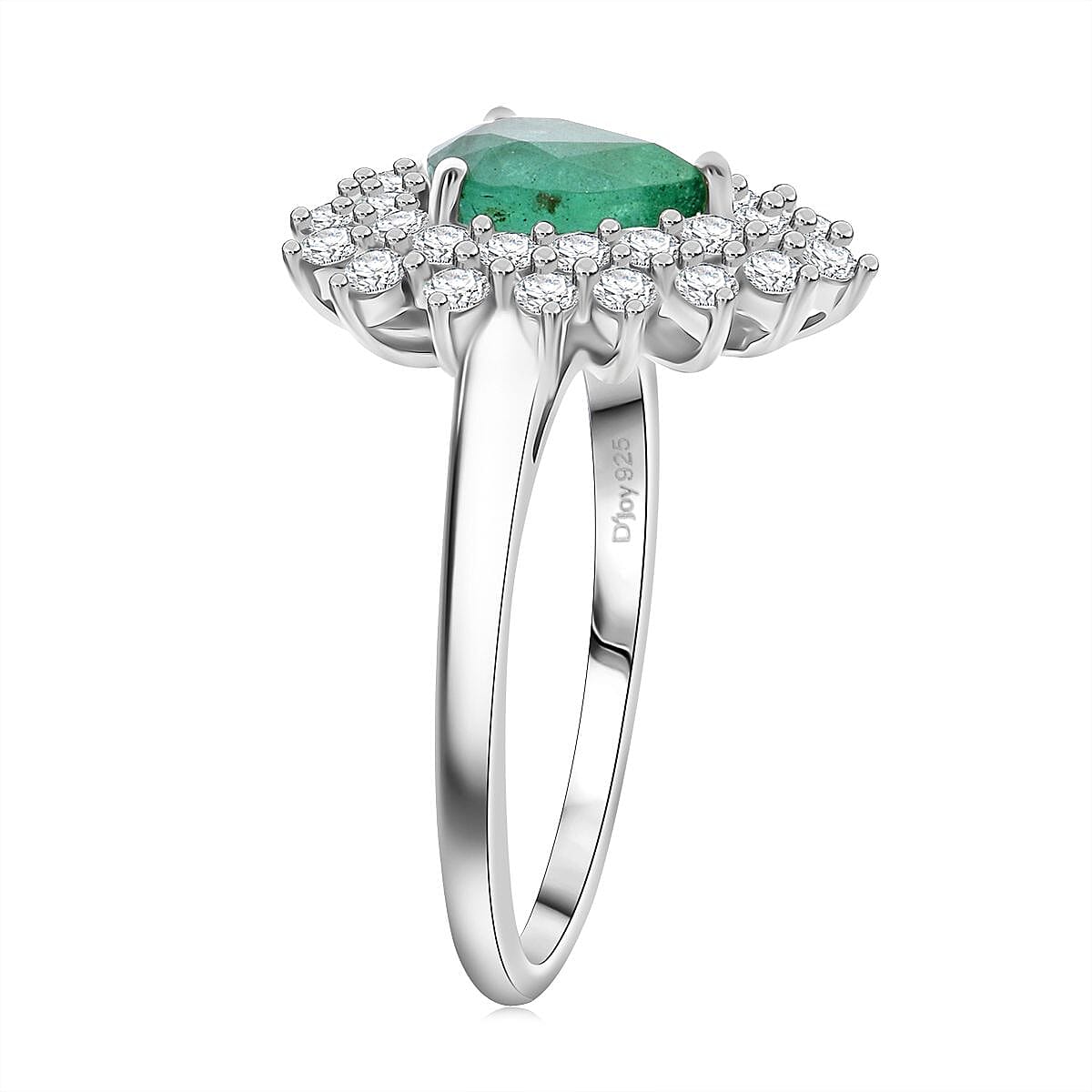 Epic Deal Premium Kagem Zambian Emerald, Moissanite Dewdrop Dahlia Ring in Rhodium Over Sterling Silver (Size 11.0) 1.60 ctw image number 3