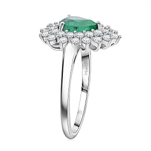Epic Deal Premium Kagem Zambian Emerald, Moissanite Dewdrop Dahlia Ring in Rhodium Over Sterling Silver (Size 11.0) 1.60 ctw