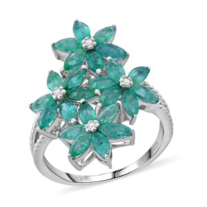 Premium Kagem Zambian Emerald and White Zircon 3.40 ctw Flower Bouquet Ring in Rhodium Over Sterling Silver (Size 10.0)