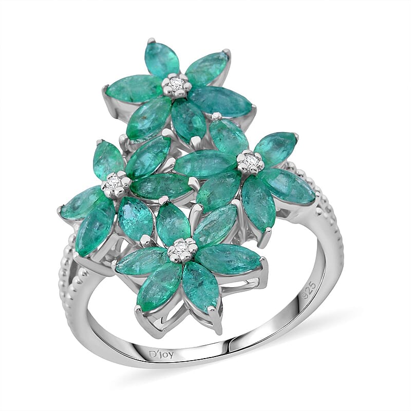 Premium Kagem Zambian Emerald and White Zircon 3.40 ctw Flower Bouquet Ring in Rhodium Over Sterling Silver (Size 10.0)