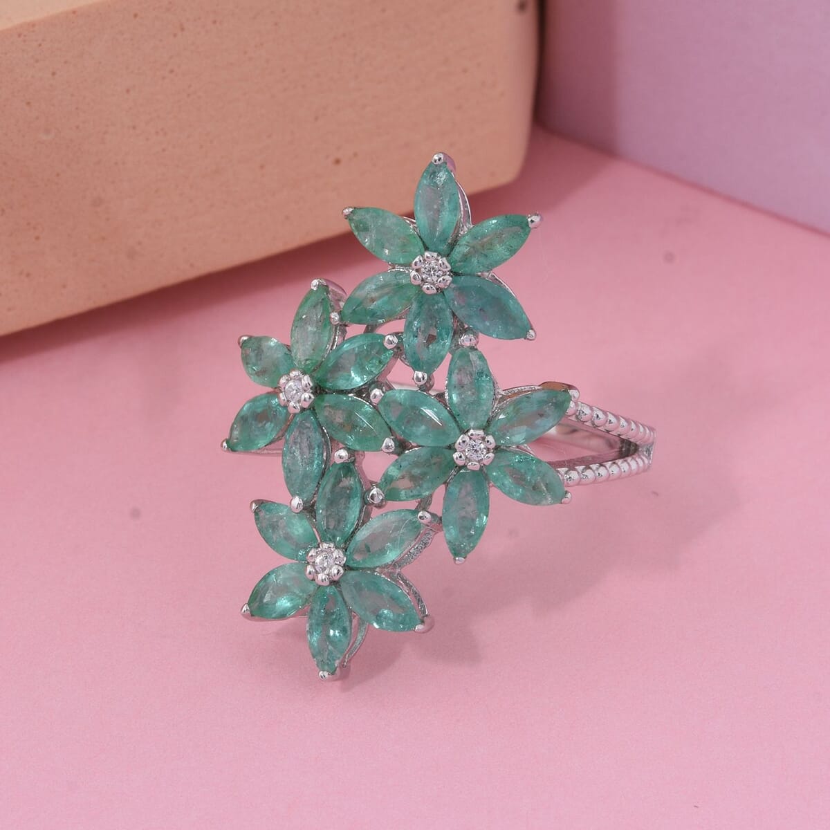 Premium Kagem Zambian Emerald and White Zircon 3.40 ctw Flower Bouquet Ring in Rhodium Over Sterling Silver (Size 10.0) image number 1