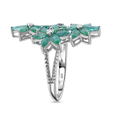 Premium Kagem Zambian Emerald and White Zircon 3.40 ctw Flower Bouquet Ring in Rhodium Over Sterling Silver (Size 10.0)