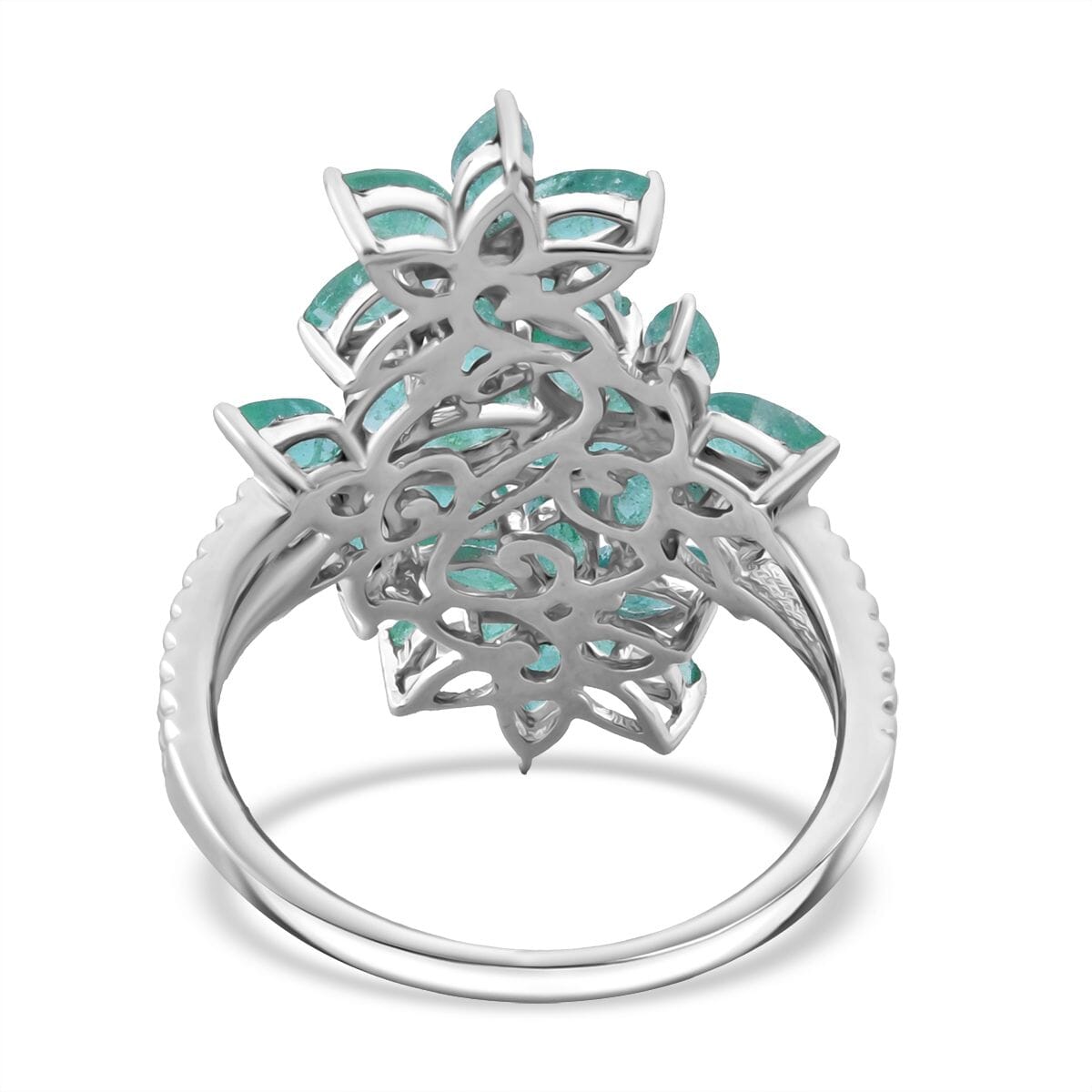 Premium Kagem Zambian Emerald and White Zircon 3.40 ctw Flower Bouquet Ring in Rhodium Over Sterling Silver (Size 10.0) image number 4