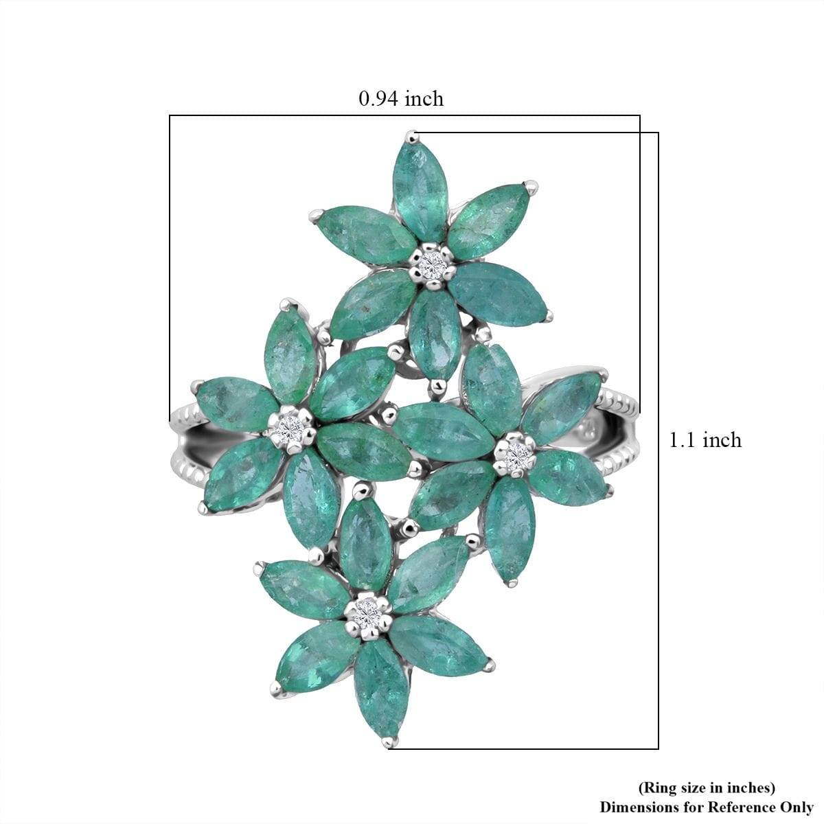 Premium Kagem Zambian Emerald and White Zircon 3.40 ctw Flower Bouquet Ring in Rhodium Over Sterling Silver (Size 10.0) image number 5