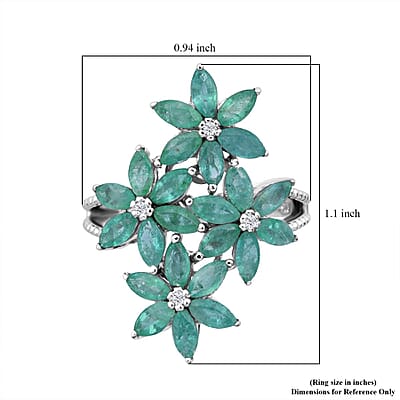 Premium Kagem Zambian Emerald and White Zircon 3.40 ctw Flower Bouquet Ring in Rhodium Over Sterling Silver (Size 10.0)