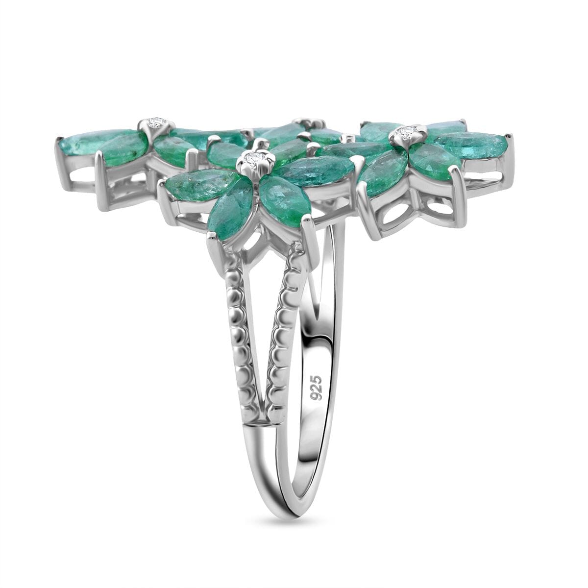 Premium Kagem Zambian Emerald and White Zircon 3.40 ctw Flower Bouquet Ring in Rhodium Over Sterling Silver (Size 6.0) image number 3
