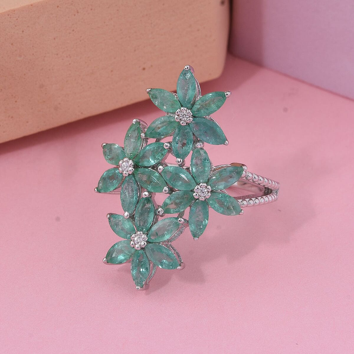 Premium Kagem Zambian Emerald and White Zircon 3.40 ctw Flower Bouquet Ring in Rhodium Over Sterling Silver (Size 8.0) image number 1