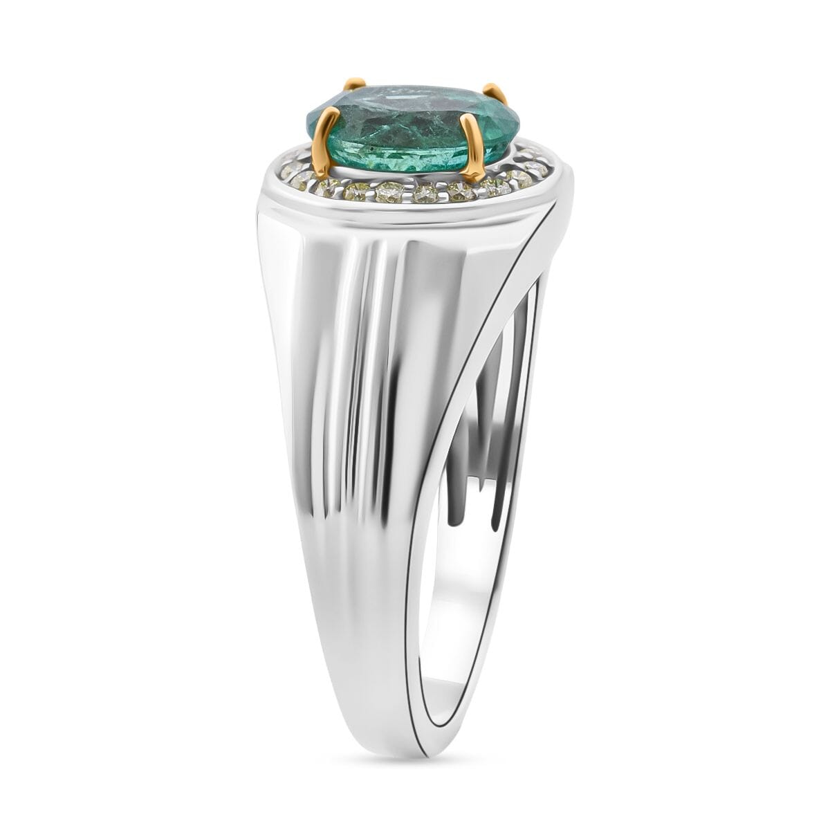 Luxoro AAA Kagem Zambian Emerald and I2 Natural Yellow Diamond 2.00 ctw Sovereign Mens Ring in 10K White Gold (Size 10.0) image number 2