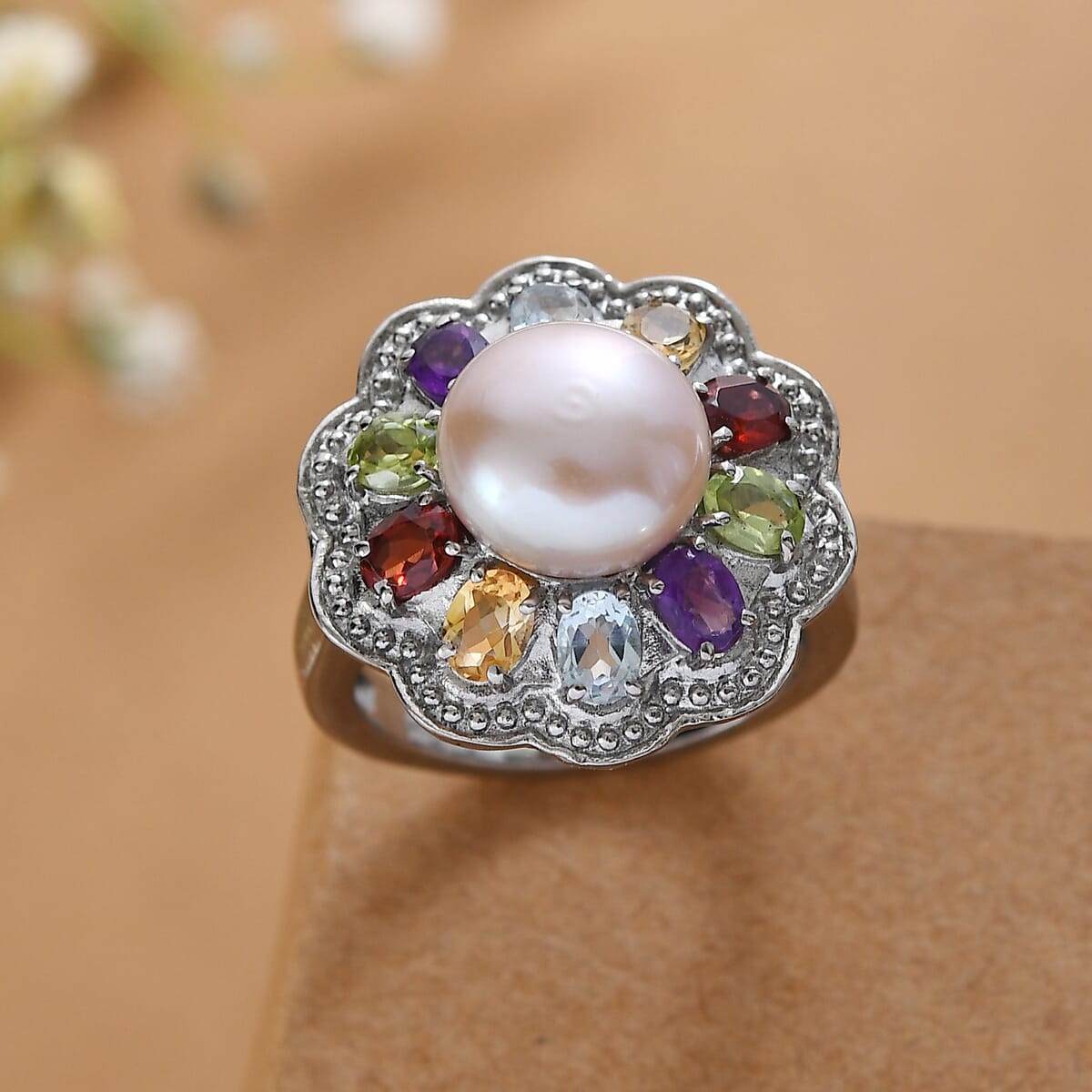 Ever True Lavender Pearl and Multi Gemstone 1.75 ctw Celestial Garden Ring in Stainless Steel (Size 10.0) image number 1