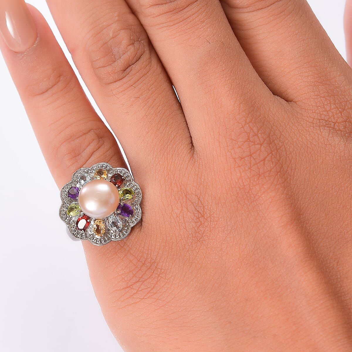 EverTrue Lavender Pearl and Multi Gemstone 1.75 ctw Celestial Garden Ring in Stainless Steel (Size 9.0) image number 2