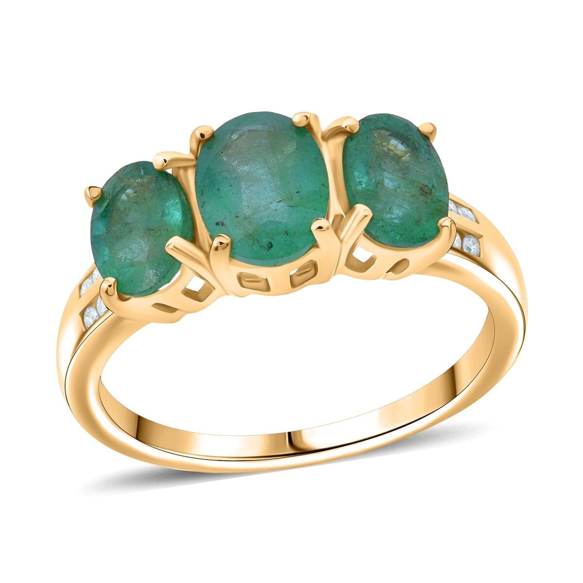 Luxoro AAA Kagem Zambian Emerald and G-H I2 Diamond 2.90 ctw Trilogy Ring in 10K Yellow Gold (Size 10.0) image number 0