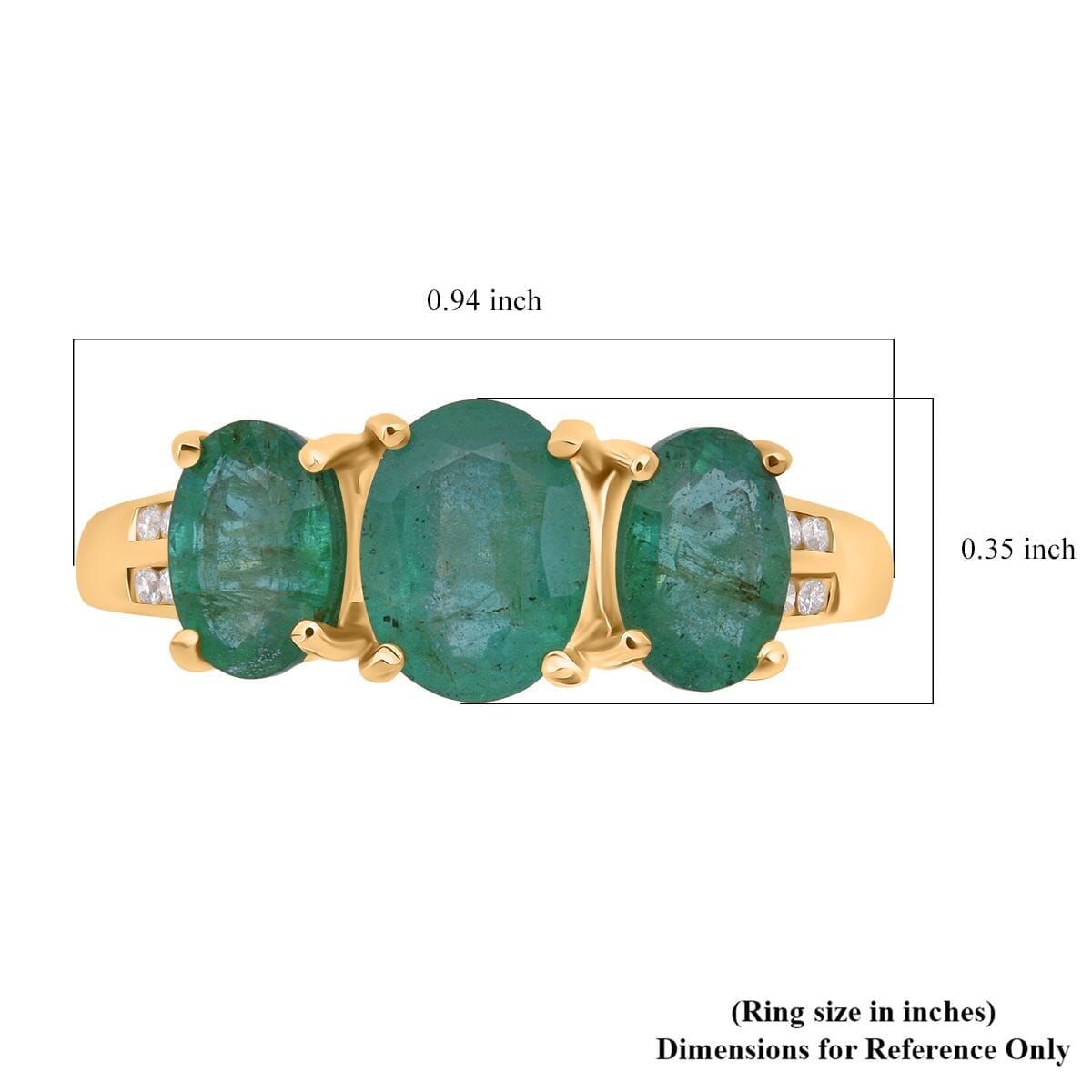 Luxoro AAA Kagem Zambian Emerald and G-H I2 Diamond 2.90 ctw Trilogy Ring in 10K Yellow Gold (Size 10.0) image number 4