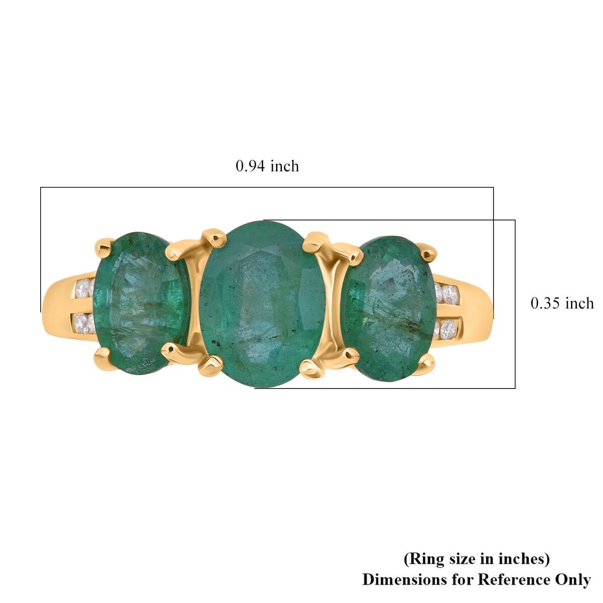Luxoro AAA Kagem Zambian Emerald and G-H I2 Diamond 2.90 ctw Trilogy Ring in 10K Yellow Gold (Size 6.0) image number 4