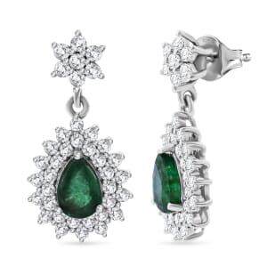 Premium Kagem Zambian Emerald and Moissanite 2.40 ctw Forest Bloom Earrings in Rhodium Over Sterling Silver
