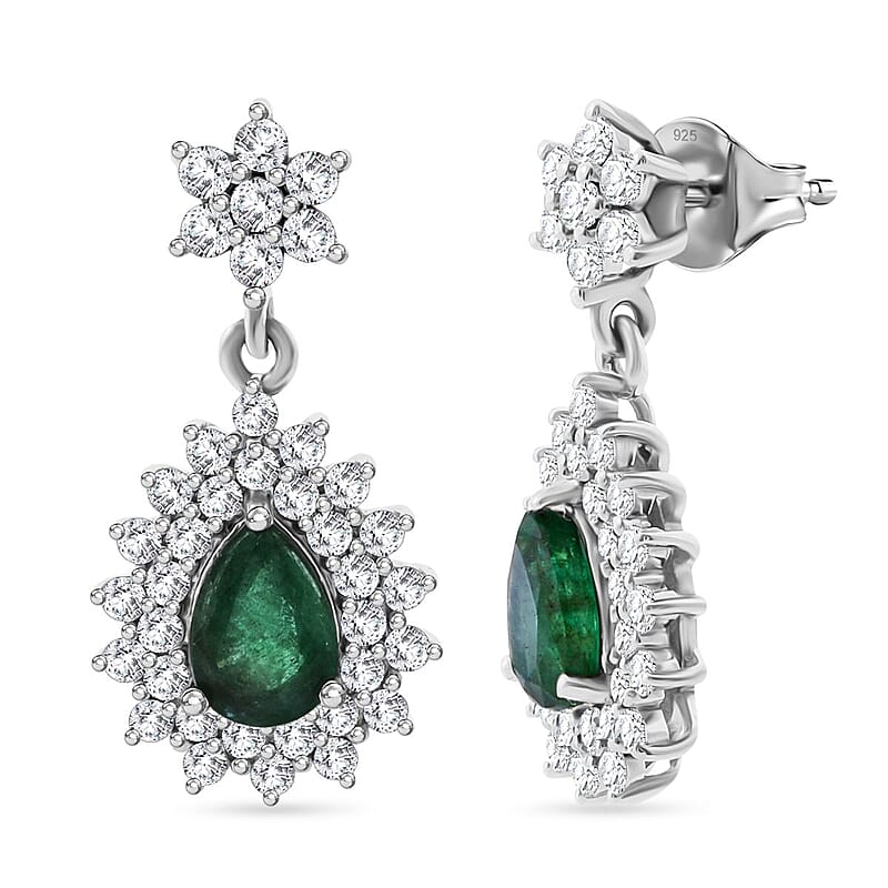 Premium Kagem Zambian Emerald and Moissanite 2.40 ctw Forest Bloom Earrings in Rhodium Over Sterling Silver