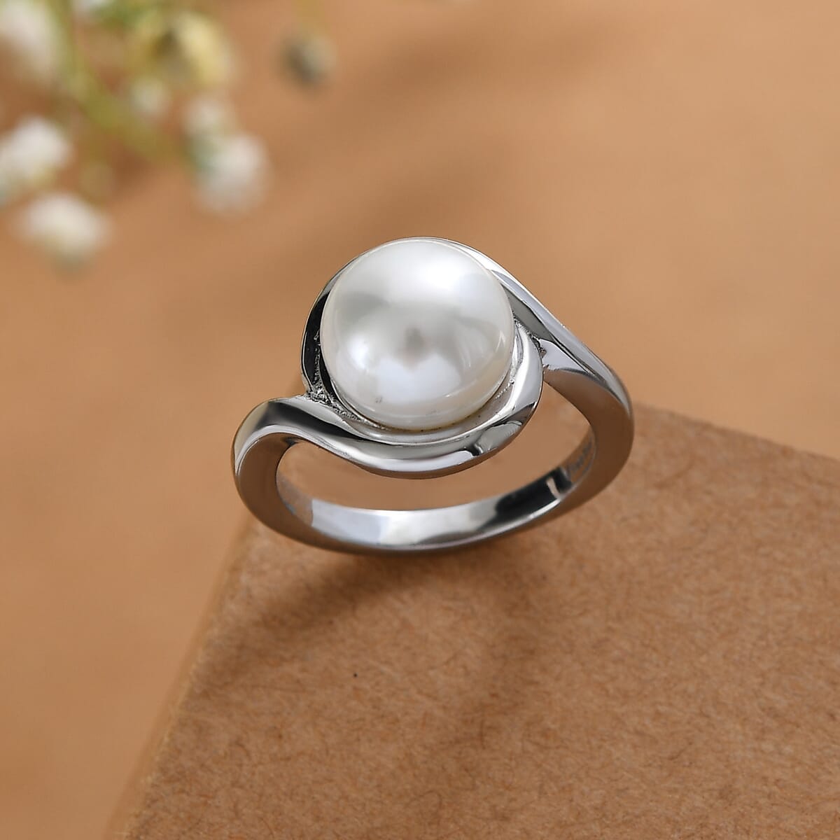Ever True Freshwater Pearl Swirl Solitaire Ring in Stainless Steel (Size 5.0) image number 1