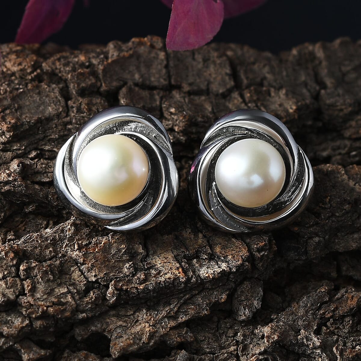 Freshwater Pearl Knot Stud Earrings in Stainless Steel image number 1