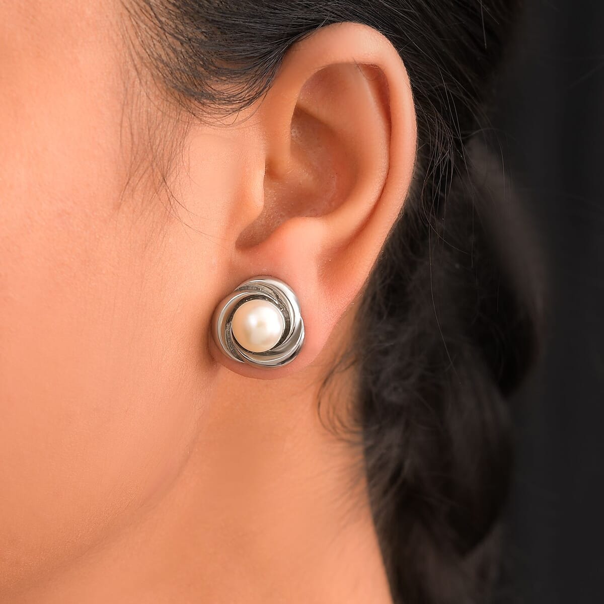 Freshwater Pearl Knot Stud Earrings in Stainless Steel image number 2