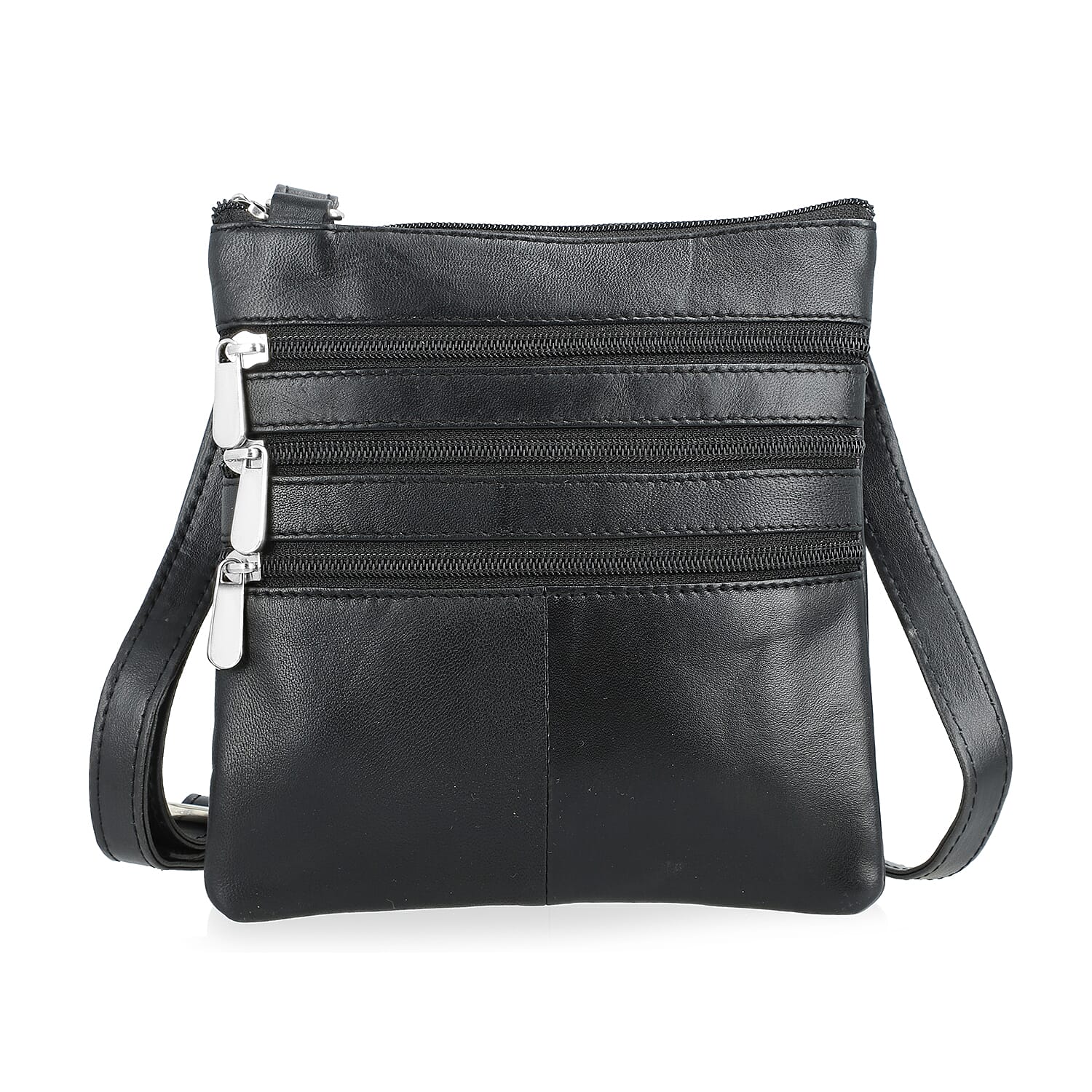 Buy Tamsy Black Genuine Leather Crossbody Bag with 3 Front Zippers