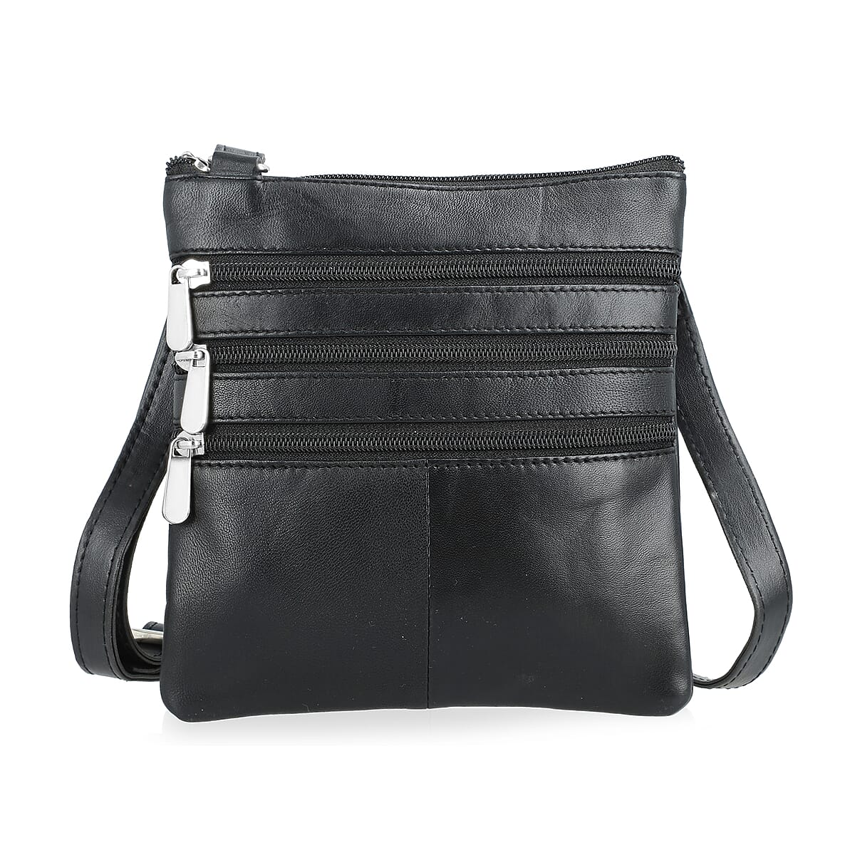 Tamsy Black Genuine Leather Crossbody Bag with 3 Front Zippers (7"X7") image number 0