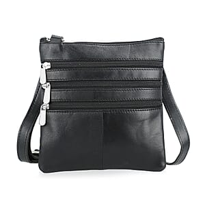 Tamsy Black Genuine Leather Crossbody Bag  with 3 Front Zippers