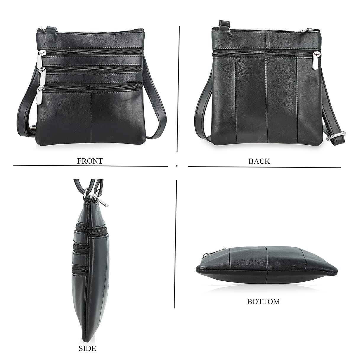 Tamsy Black Genuine Leather Crossbody Bag with 3 Front Zippers (7"X7") image number 4