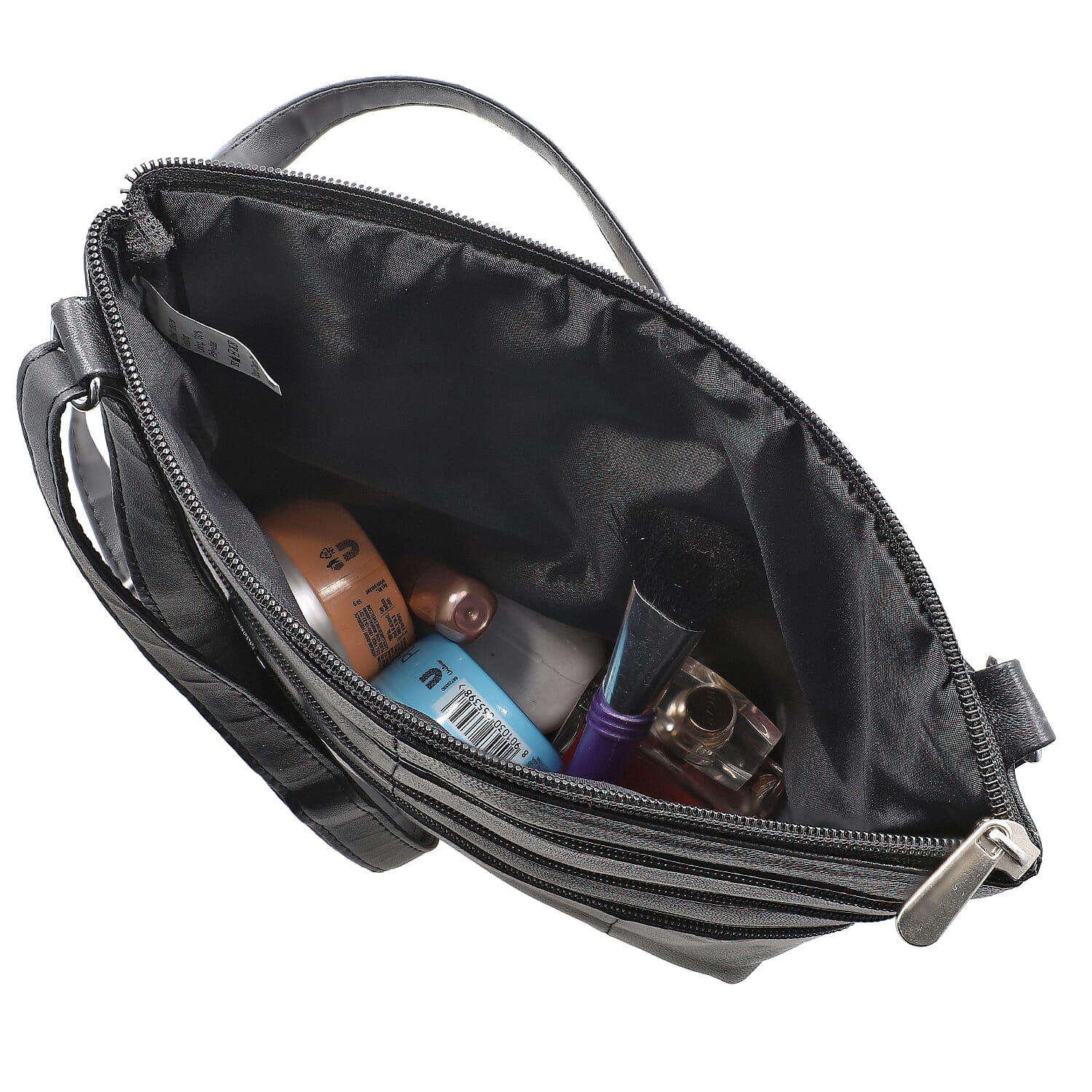 Tamsy Black Genuine Leather Crossbody Bag  with 3 Front Zippers