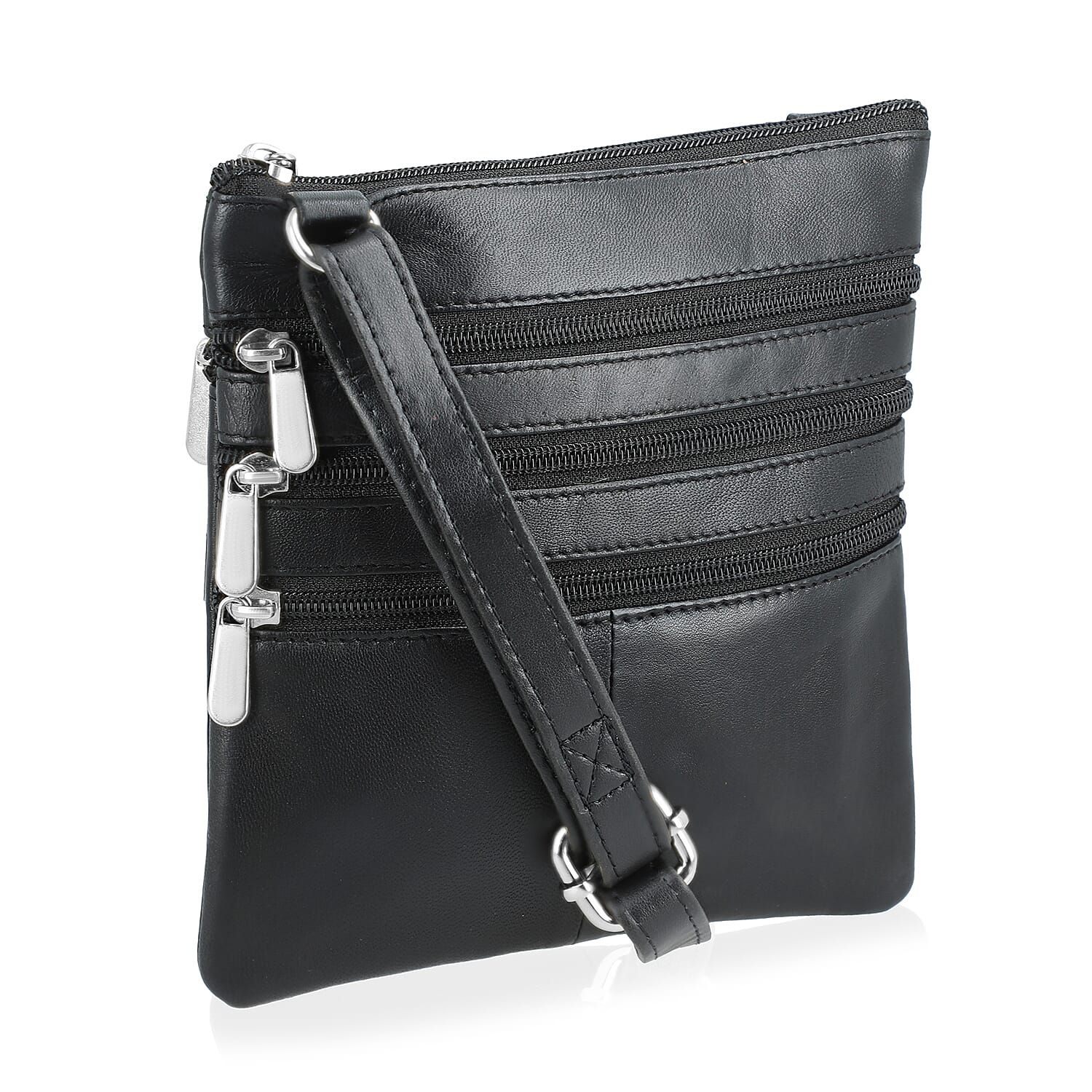Tamsy Black Genuine Leather Crossbody Bag  with 3 Front Zippers