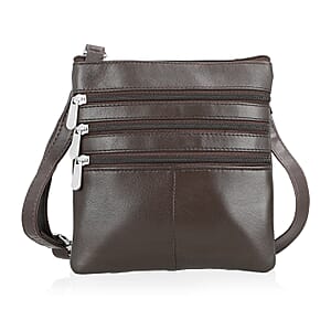 Tamsy Brown Genuine Leather Crossbody Bag  with 3 Front Zippers 