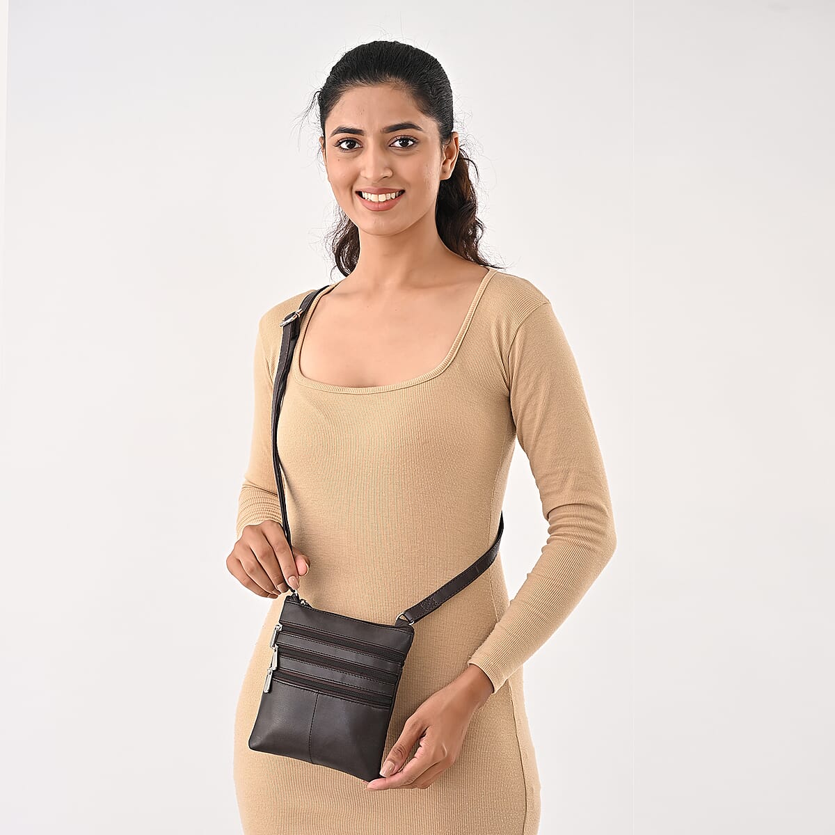 Tamsy Brown Genuine Leather Crossbody Bag  with 3 Front Zippers  image number 3