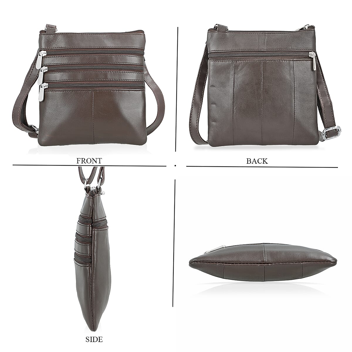 Tamsy Brown Genuine Leather Crossbody Bag  with 3 Front Zippers  image number 4