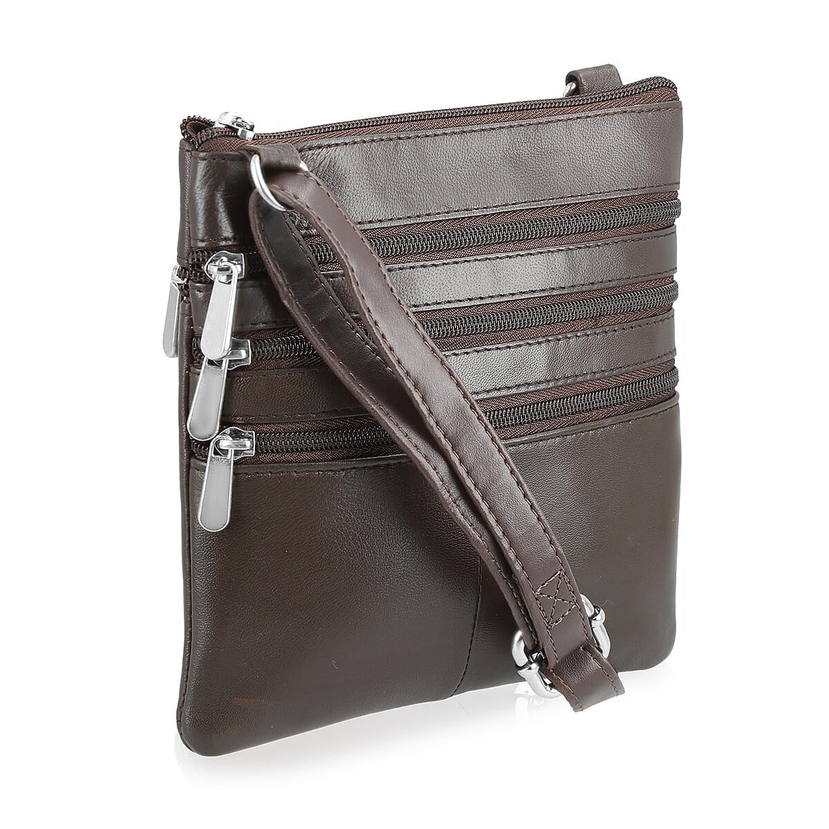 Tamsy Brown Genuine Leather Crossbody Bag  with 3 Front Zippers  image number 7