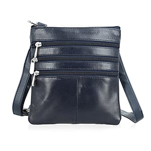 Tamsy Navy Genuine Leather Crossbody Bag  with 3 Front Zippers 