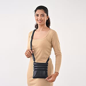 Tamsy Navy Genuine Leather Crossbody Bag  with 3 Front Zippers 